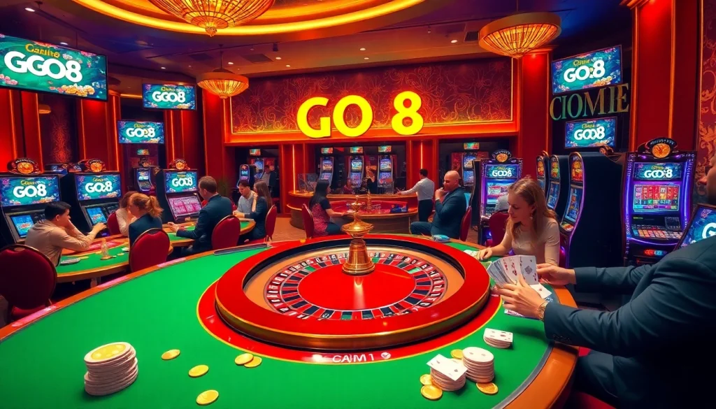 Engaging players at GO8 interact with casino tables, celebrating wins in a luxurious atmosphere.