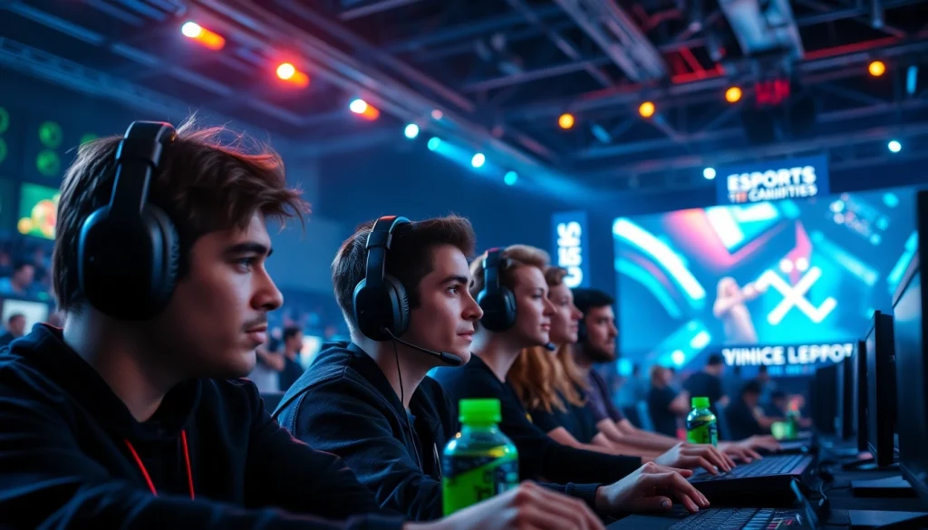 Engaged players at https://www.gamelevate.com during an exciting esports tournament surrounded by energy.