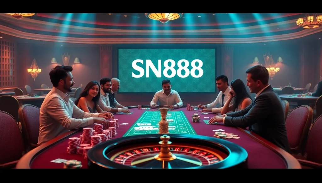 Experience high-stakes gaming at SN888 with vibrant casino scenes featuring poker and roulette.