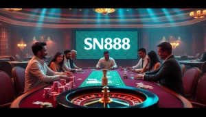 Experience high-stakes gaming at SN888 with vibrant casino scenes featuring poker and roulette.