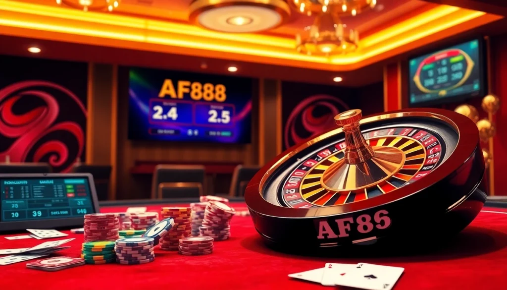 Experience the excitement of AF88 online gambling with vibrant casino visuals and luxurious game elements.
