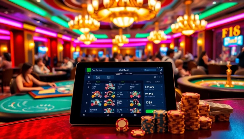 F168 players engaging in a high-stakes casino atmosphere with rich poker chips and vibrant tables.