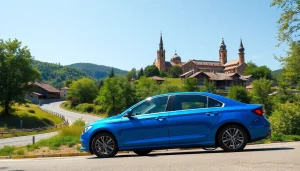 Inchiriere masini in a picturesque setting with a blue rental car parked in Chisinau, Moldova.