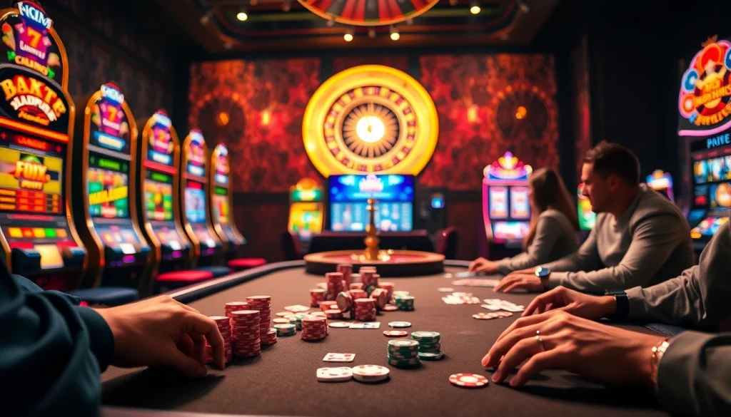 Players enjoying poker at king88. com with colorful chips and vibrant slot machines around them.