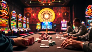 Players enjoying poker at king88. com with colorful chips and vibrant slot machines around them.