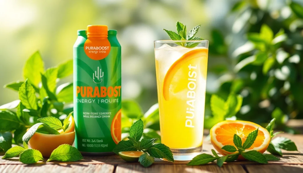 Puraboost energy drink showcasing vibrant packaging and fresh ingredients for a healthy lifestyle.