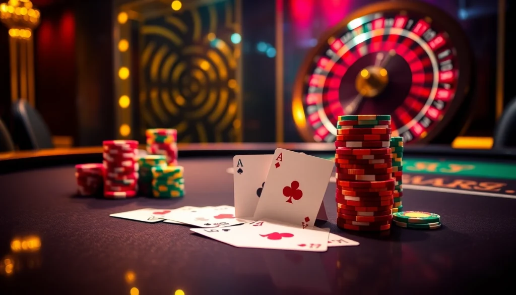 Experience the thrill of Nhà Cái Uy Tín with a vibrant casino scene featuring poker tables and spinning roulette wheels.
