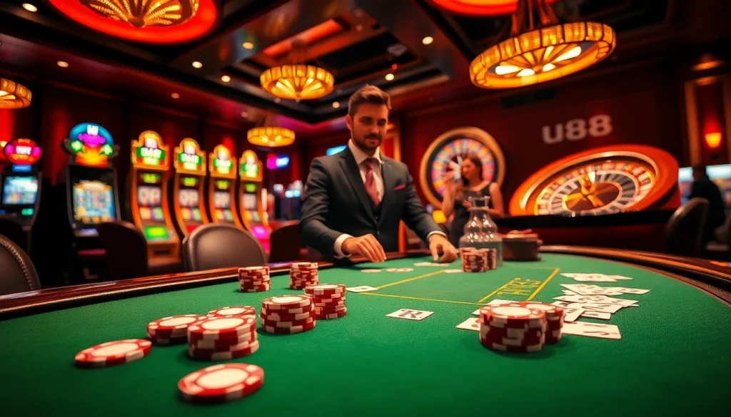 Players engaging in high-stakes games at u888 casino with vibrant atmosphere and luxury decor.
