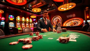Players engaging in high-stakes games at u888 casino with vibrant atmosphere and luxury decor.