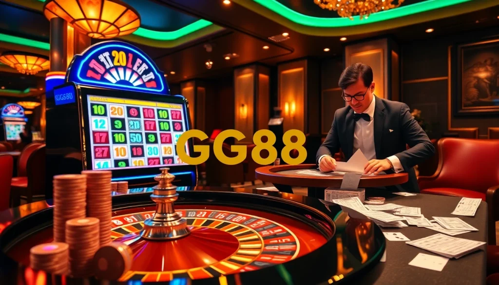 Excited players engaging with the luxury GG88 casino scene featuring roulette and slot machines.