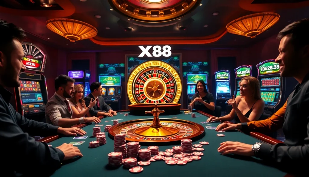 Players enjoying a thrilling game at XX88 casino with vibrant slot machines and poker chips.