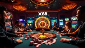 Players enjoying a thrilling game at XX88 casino with vibrant slot machines and poker chips.