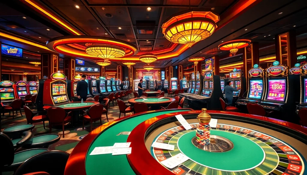 Engaged players enjoying games at vn168 casino with vibrant tables and slot machines.