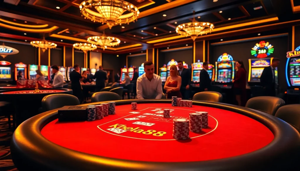 Khela88 poker table with vibrant chips and cards showcasing a luxurious casino atmosphere.