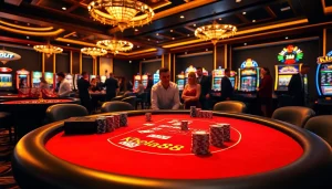 Khela88 poker table with vibrant chips and cards showcasing a luxurious casino atmosphere.