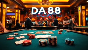 Gambling excitement at DA88 casino showcasing poker chips and cards on a luxurious table.