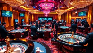 F168 casino gamblers enjoying poker and roulette under glamorous lighting.