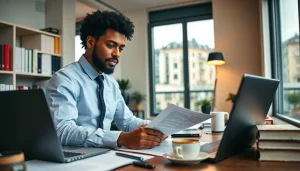 Traducteur assermenté professionnel travaillant dans un bureau à Paris, traduisant des documents.