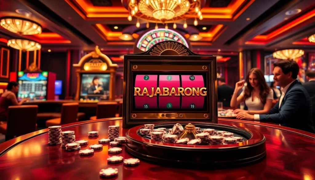 Players enjoying the excitement of RAJABARONG's high-stakes slot machines in a vibrant casino.