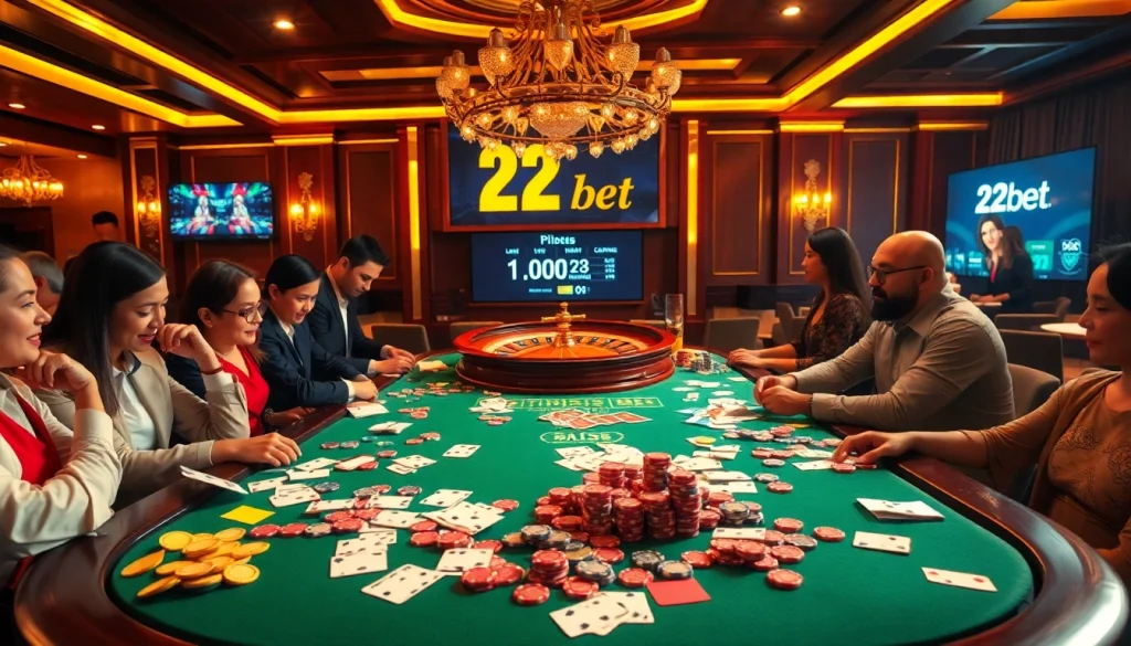 Players engaging in dynamic gameplay and betting at a luxurious casino table with 22bet promotions.