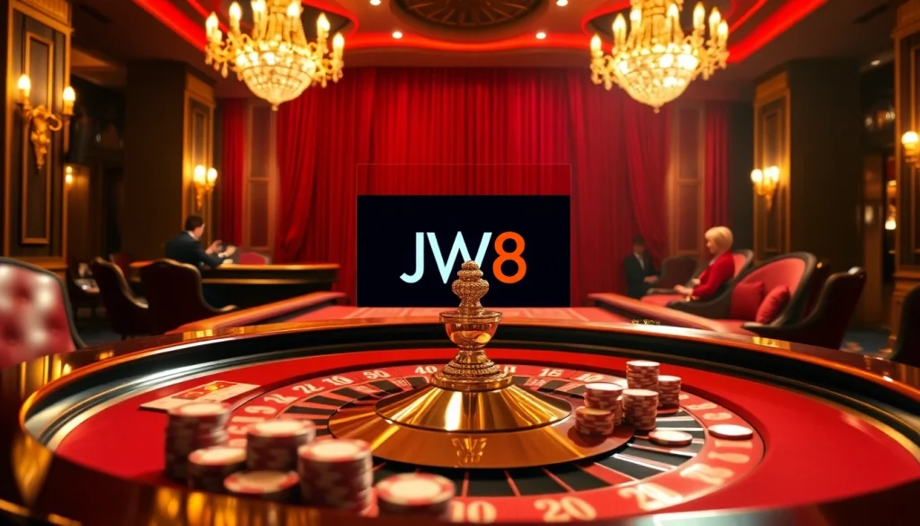 Experience high-stakes gambling with JW8 in a luxurious casino setting featuring poker tables.