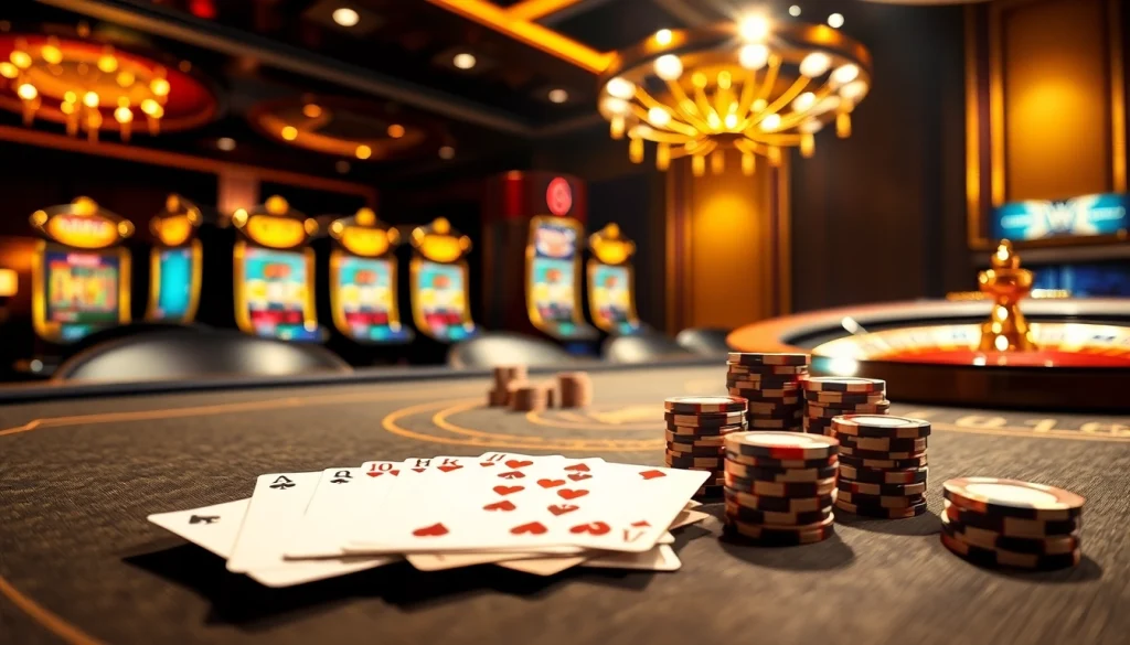 Kèo nhà cái w88 vibrant casino scene with poker table, chips, and roulette wheel.