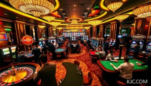 Players enjoying thrilling casino games at KJC.COM, featuring poker tables and slot machines.