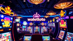 Menampilkan logo walettoto dalam suasana kasino berwarna cerah dan dinamis.