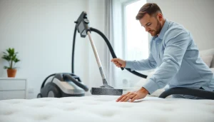 Mattress cleaning Dubai service featuring a technician cleaning a mattress with advanced equipment in a bright bedroom.