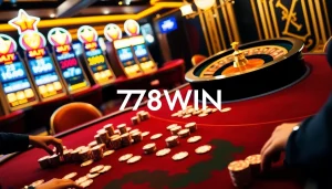 Experience the excitement of gambling at 78WIN with a vibrant casino scene featuring tables and slot machines.