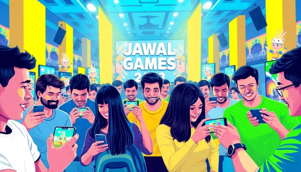 Engaged players enjoying Jawal Games in a colorful gaming environment.