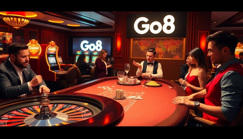 Excited gamblers at a luxury casino table, capturing the essence of Go8 gaming experiences.