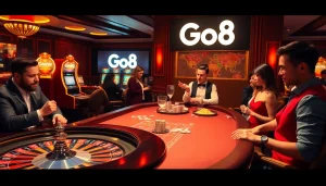 Excited gamblers at a luxury casino table, capturing the essence of Go8 gaming experiences.