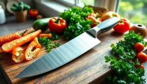 Learn how to choose a chef’s knife with a professional knife displayed among fresh vegetables.