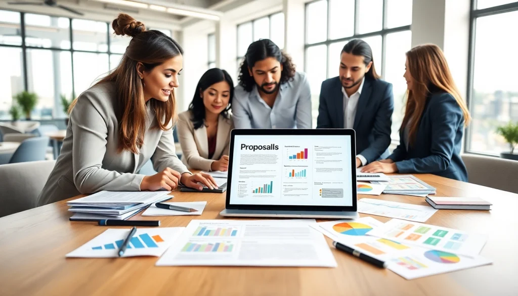 Engage in Customized Proposal Writing with professionals collaborating in a bright office.