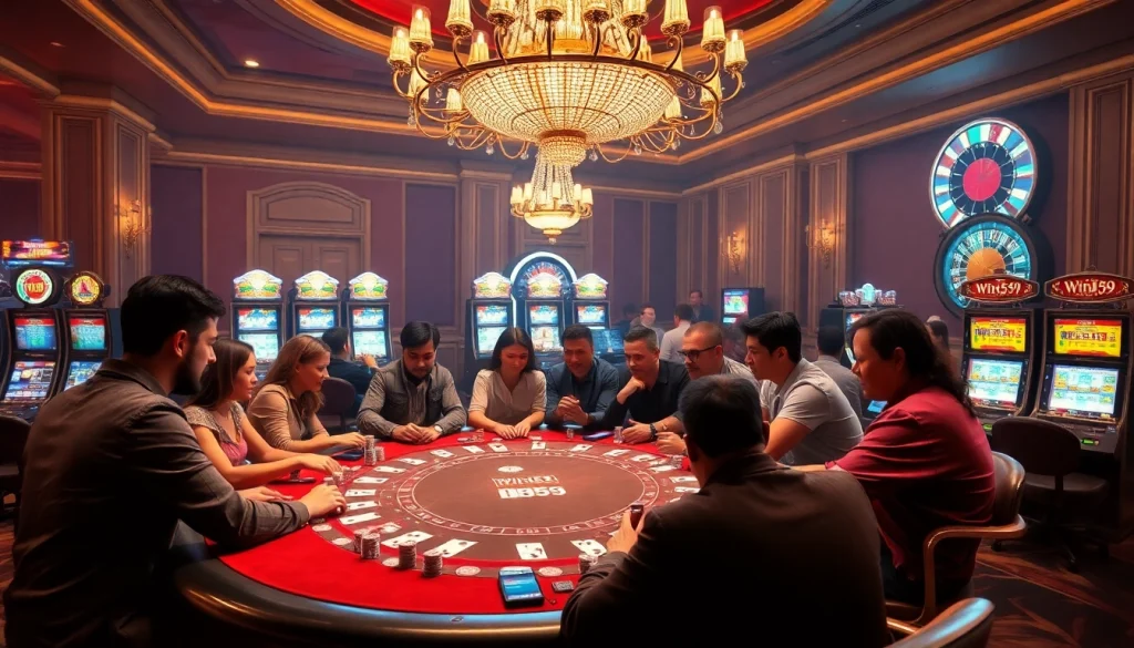 Players enthusiastically engage in a thrilling win55 poker game at a luxurious casino table.