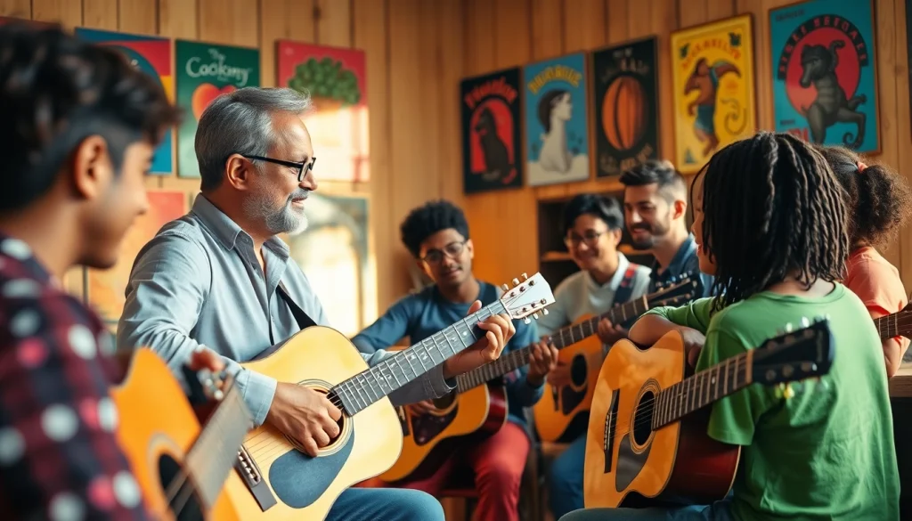 Engaging guitar lessons at https://guitarlessons.co.uk, showcasing personalized instruction in a vibrant classroom.