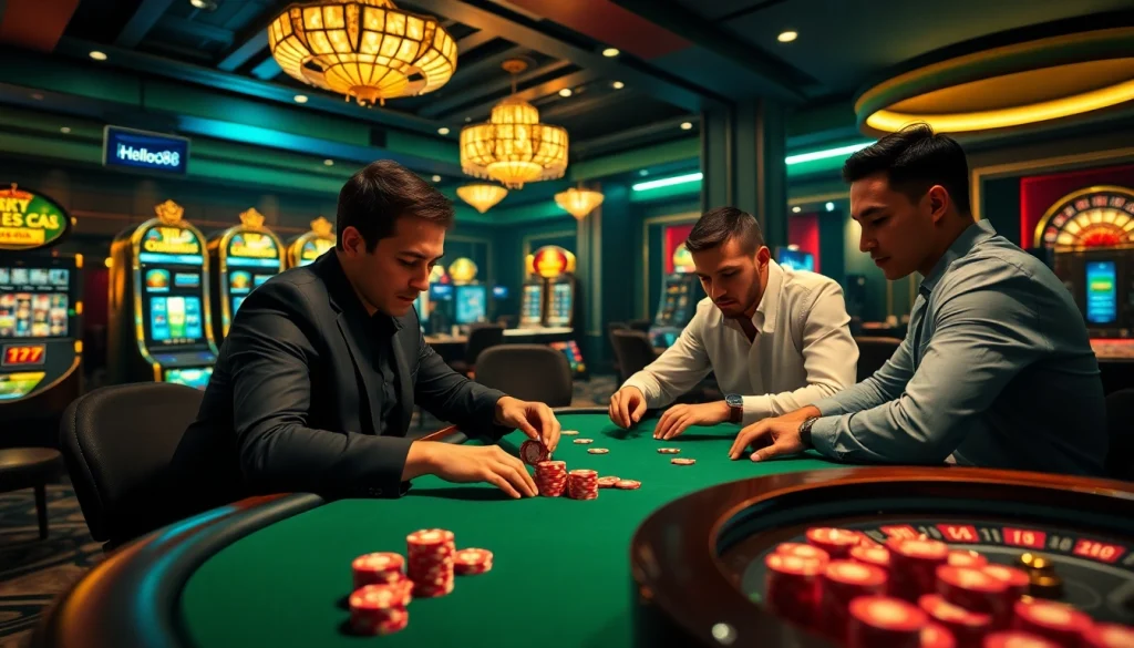 Exciting poker game action at a luxurious casino table featuring Hello88 branding elements and vibrant chips.