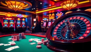 Exciting casino scene at https://thabet.vegas/, showcasing poker chips, roulette wheel, and dynamic slot machines.