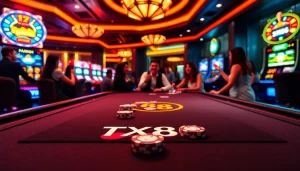 TX88 gaming table with vibrant poker chips and cards, showcasing an immersive casino atmosphere.