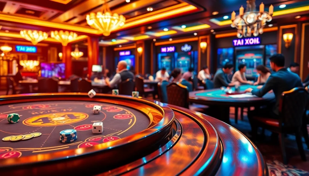 Tai Xium D5 game action with dice rolling and vibrant gambling atmosphere.