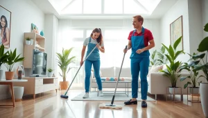 Cleaning service professionals creating a spotless home environment with teamwork and efficiency.