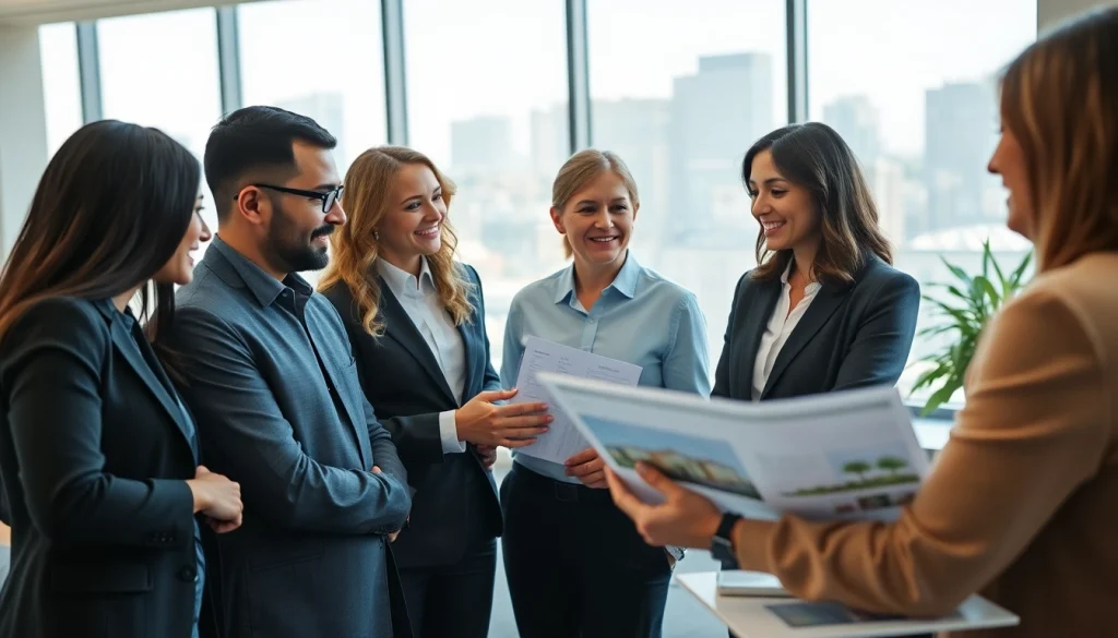 Showcase real estate agents collaborating in an inviting office environment.