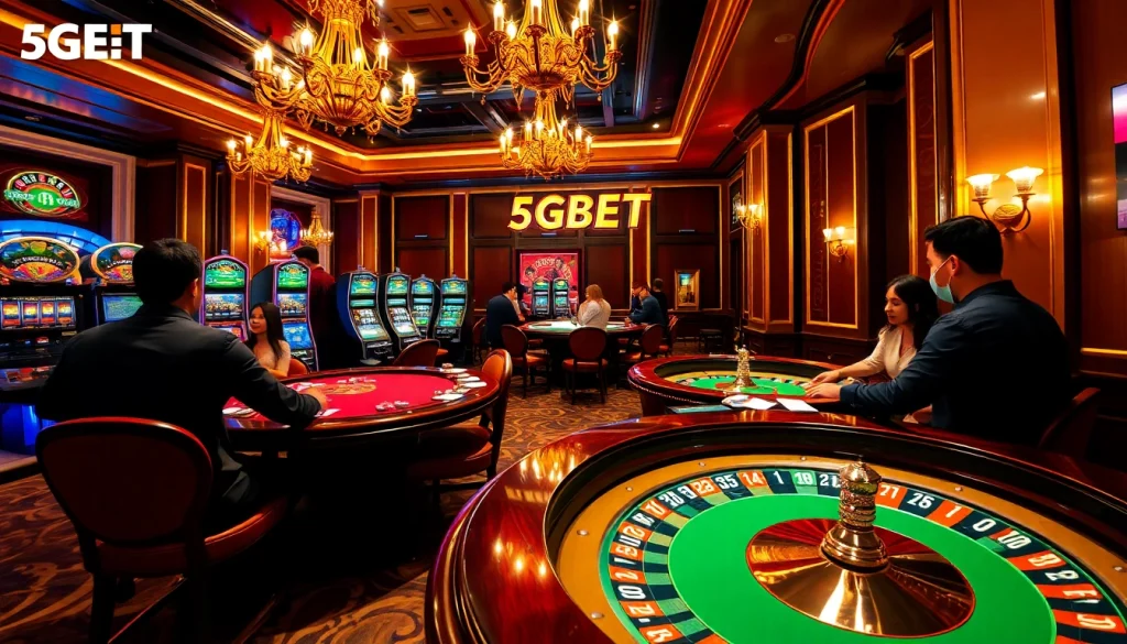 Experience the thrill of 5GBET with players at casino tables, roulette wheel, and vibrant atmosphere