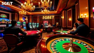 Experience the thrill of 5GBET with players at casino tables, roulette wheel, and vibrant atmosphere