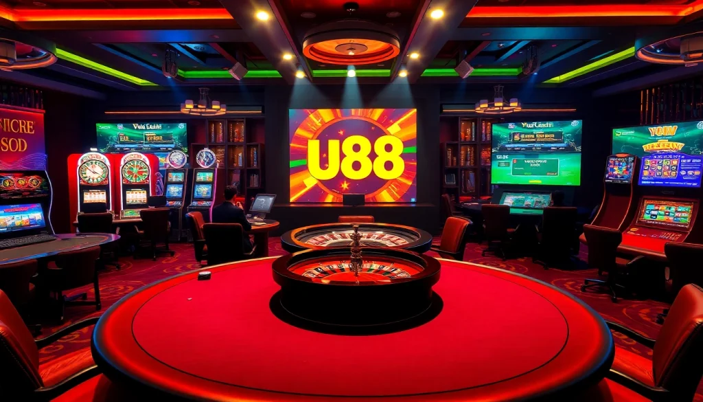 Professional gamblers playing at the uu88 online casino with vibrant slot machines and roulette.