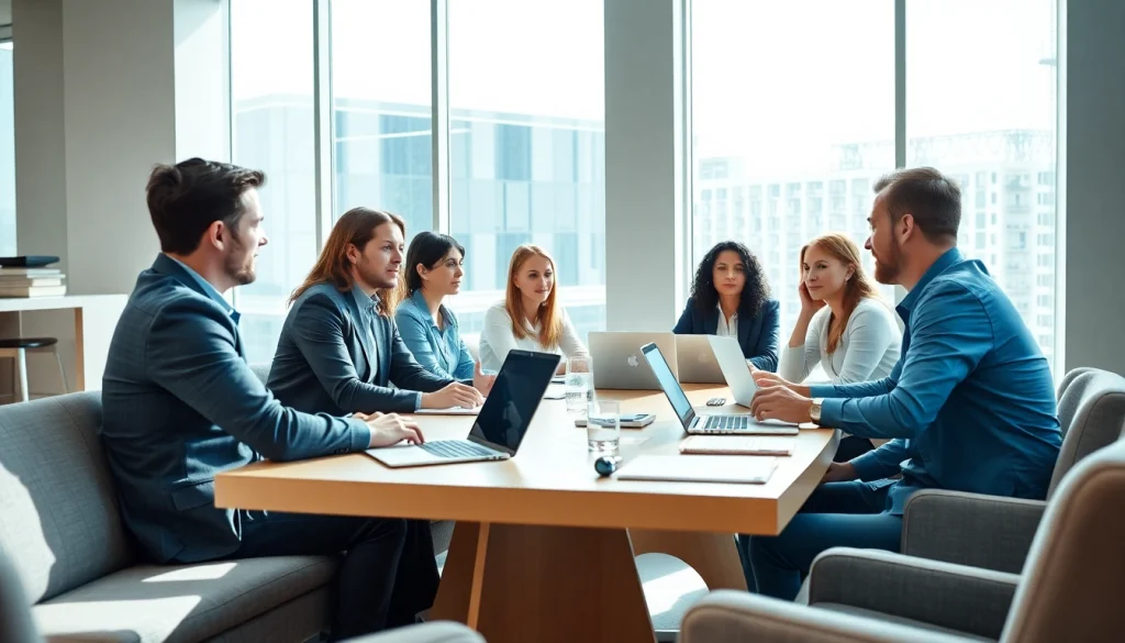 Engaging business discussion among diverse colleagues in a modern office setting.
