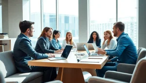Engaging business discussion among diverse colleagues in a modern office setting.