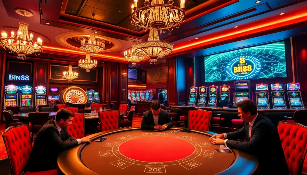 Players enjoying a game at Bin88 casino's luxurious poker table in a vibrant gambling hall.