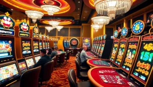 Engaging players enjoy birutoto slots in a vibrant casino atmosphere with colorful machines.